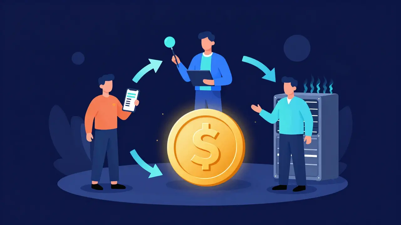 Illustration of users, workers, and artists exchanging value around a central token