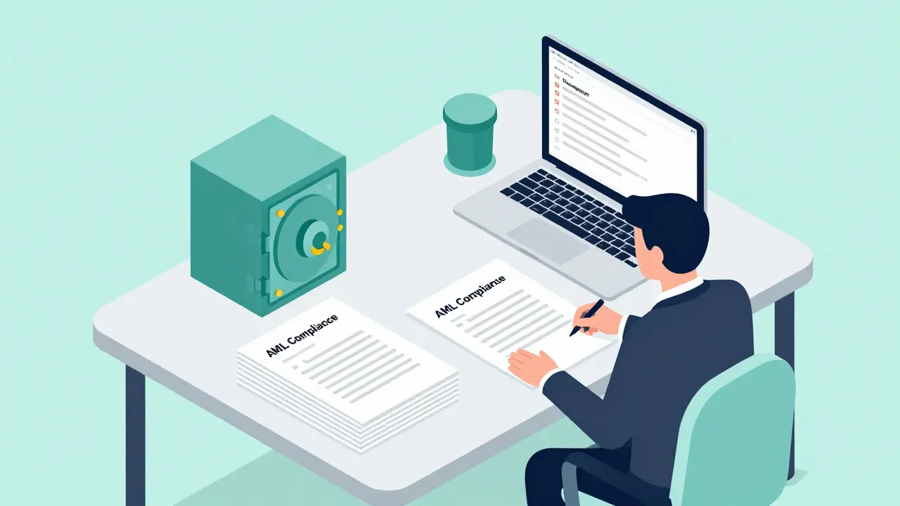 Office desk with compliance documents and secure vault icon