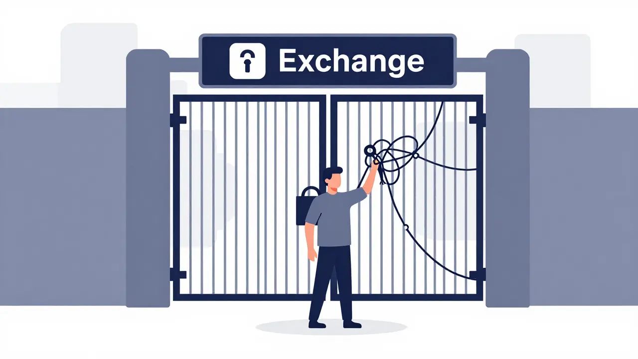 Person blocked by exchange gate holding complex crypto tools