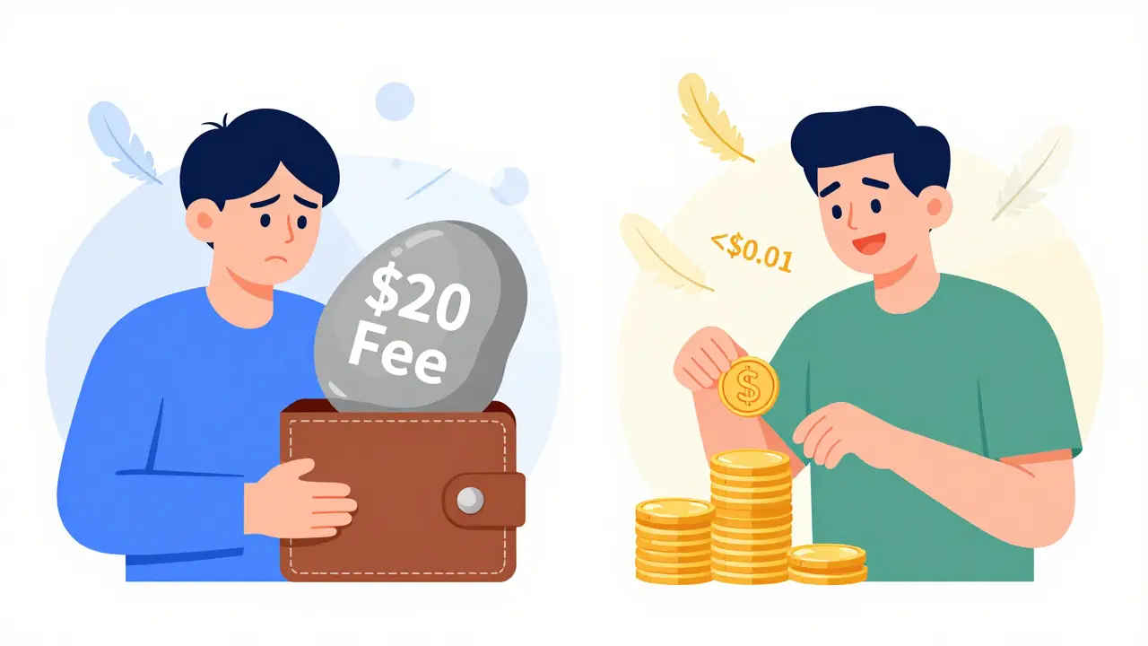Split illustration comparing high gas fees vs low costs
