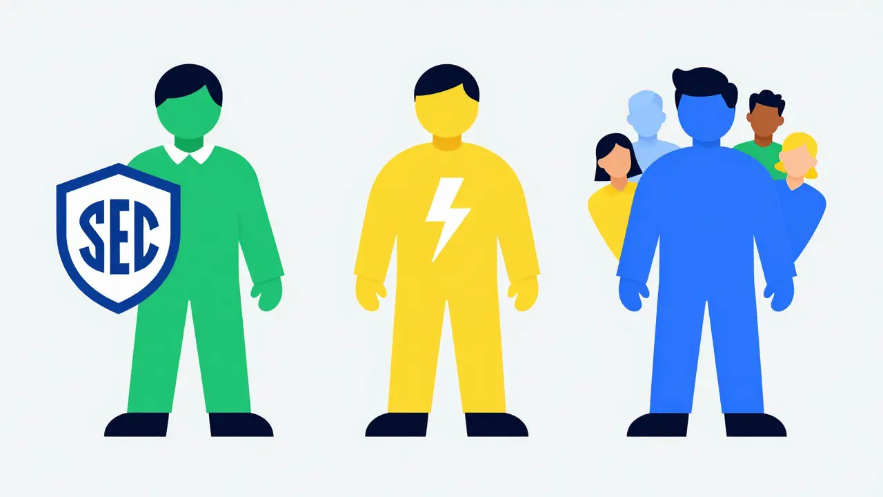 Three illustrated characters representing regulation, speed, and support