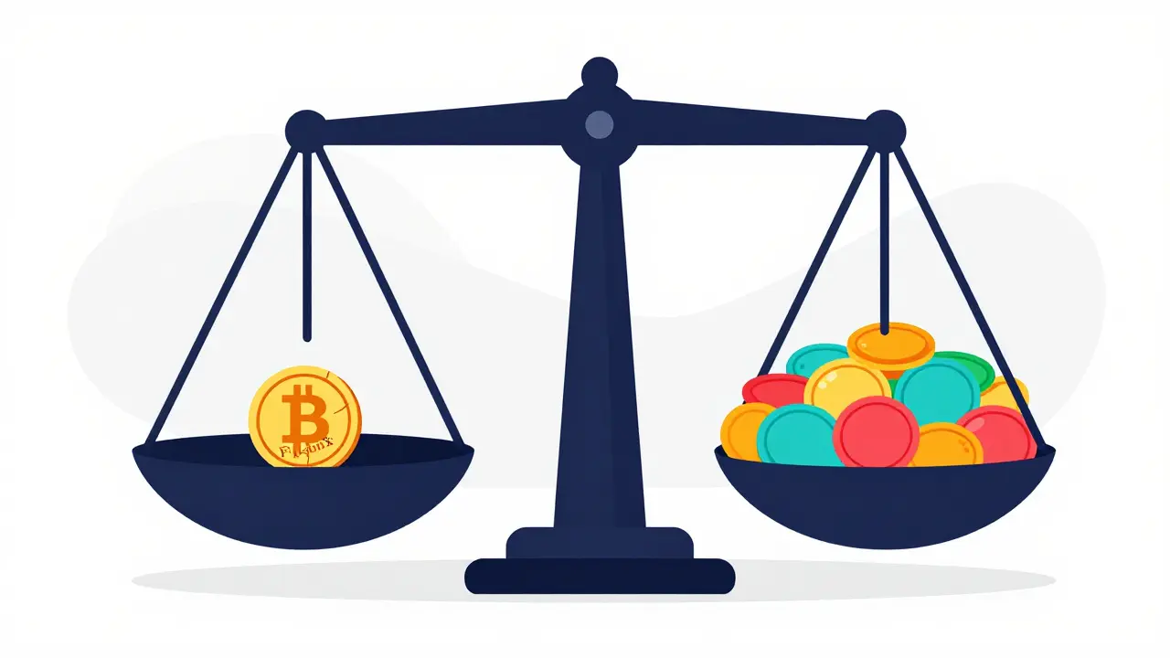 Unbalanced scale showing a broken coin vs a pile of healthy assets