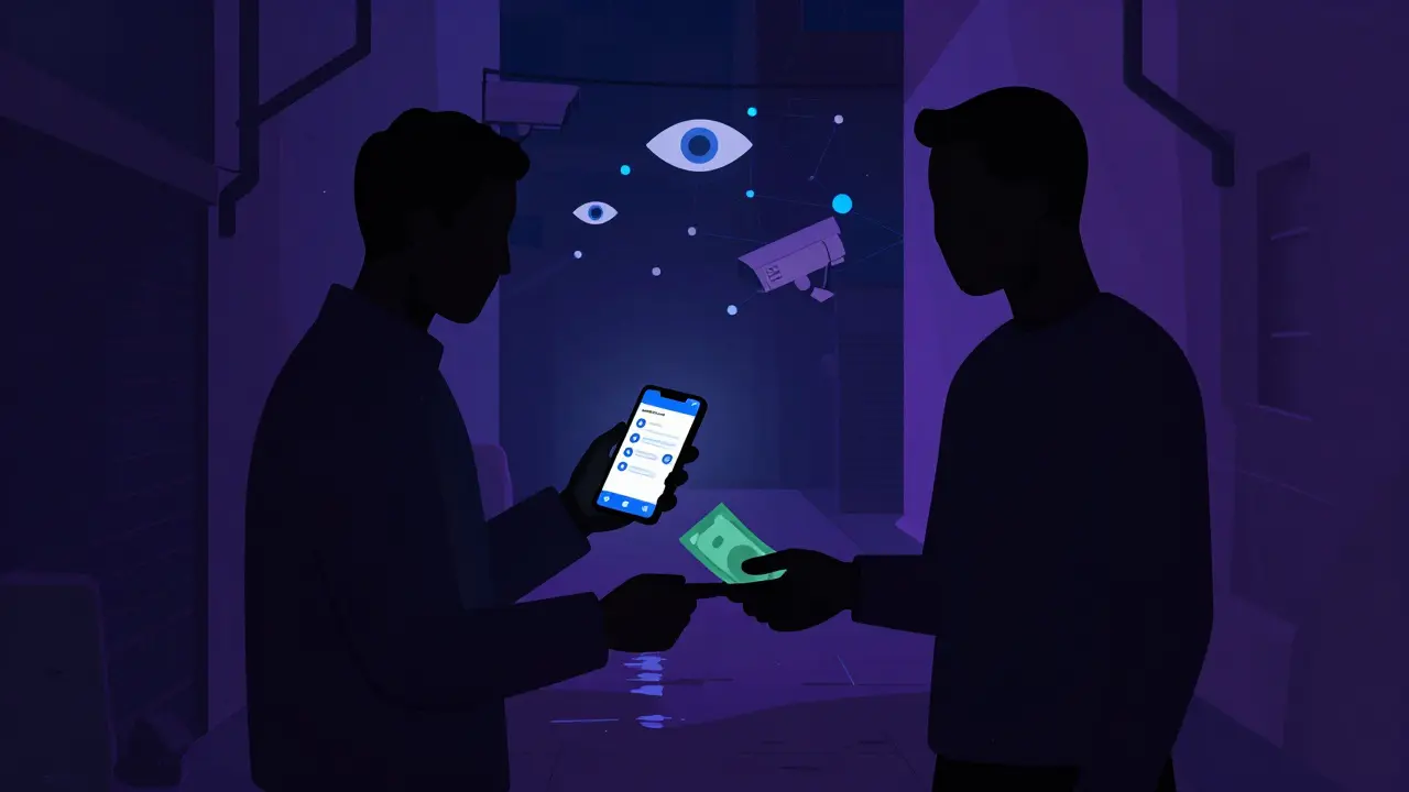 Underground P2P crypto trade in dark alley