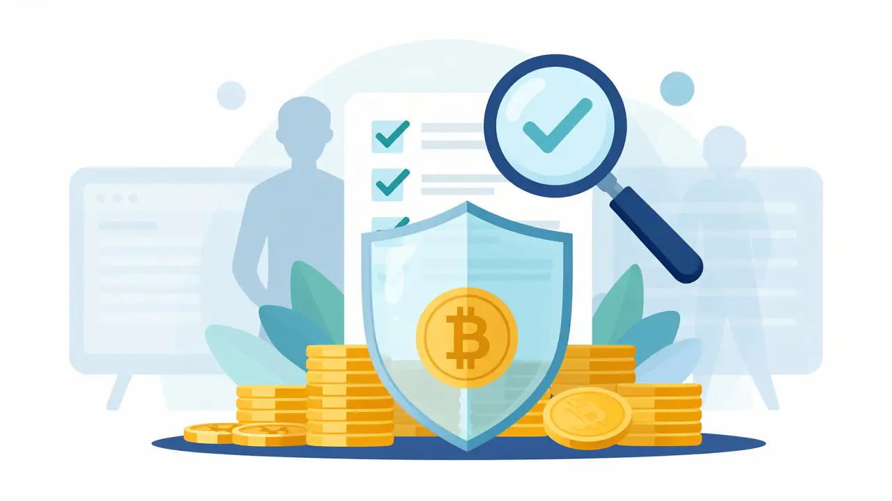 A protective shield guarding crypto assets with a magnifying glass for verification.