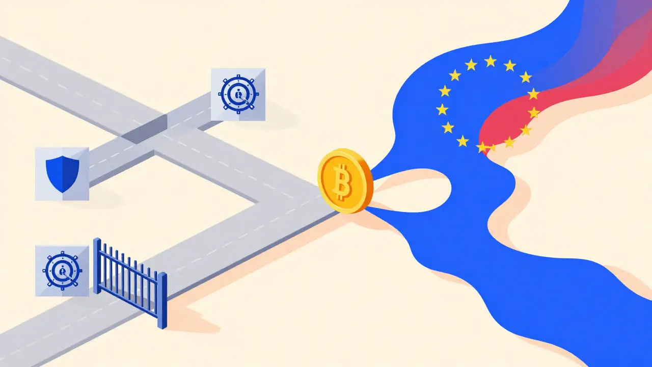 Abstract comparison of strict EU vs flexible US crypto regulations
