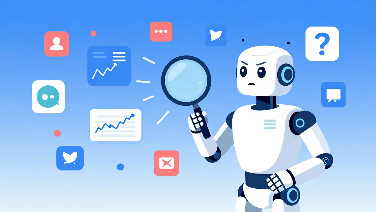 AI robot overwhelmed by chaotic financial data and social media icons