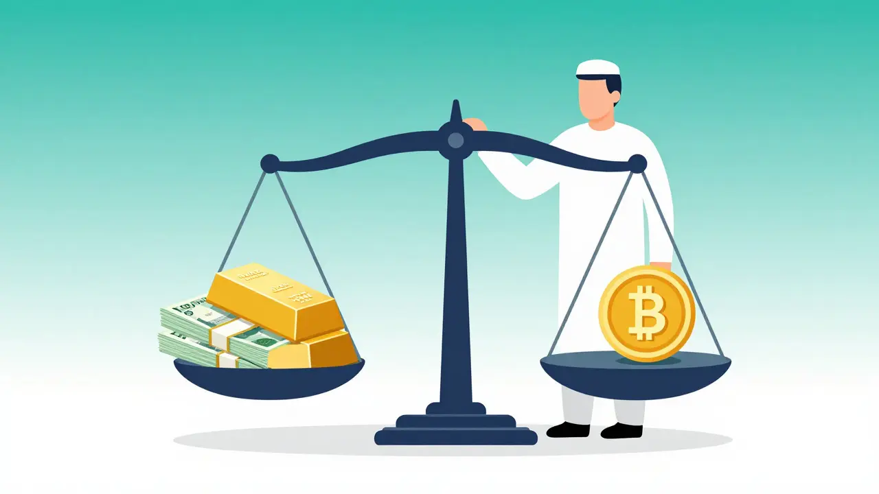 Balance scale comparing traditional currency and digital e-Dirham