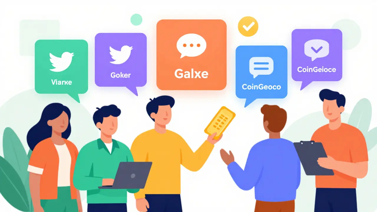 Cartoon characters completing social tasks for crypto airdrop rewards