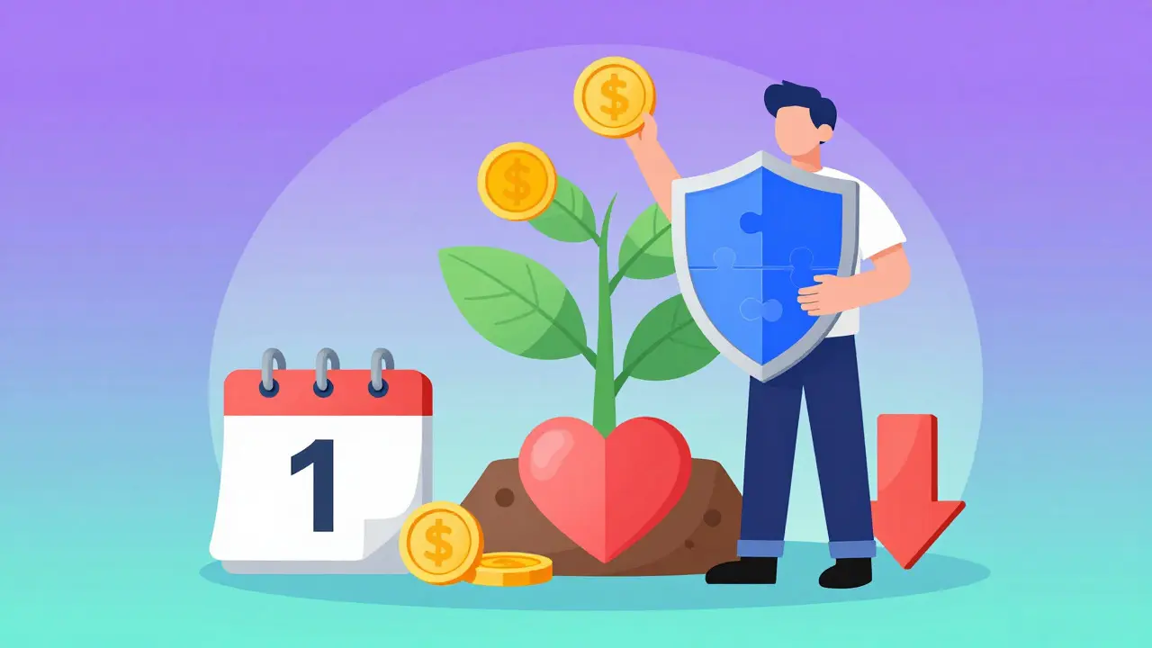 Character using strategy icons like calendar and charity to save taxes