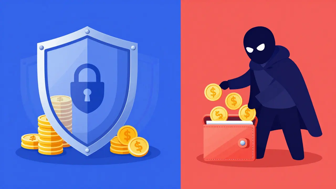 Comparison of secure crypto shields versus a thief stealing from an open wallet.