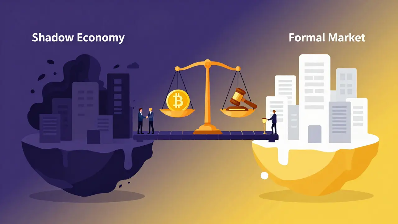 Conceptual art of a bridge connecting shadow economy to formal regulated crypto market