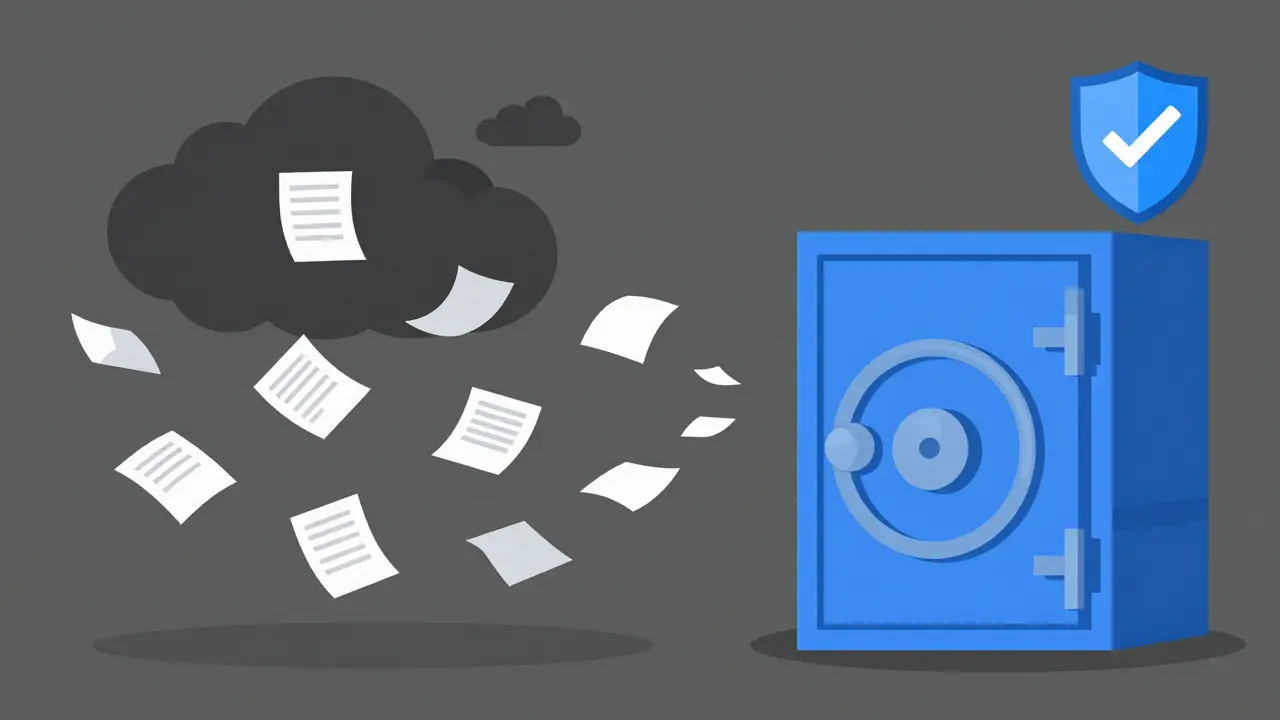 Contrast between leaking data cloud and secure vault in flat illustration