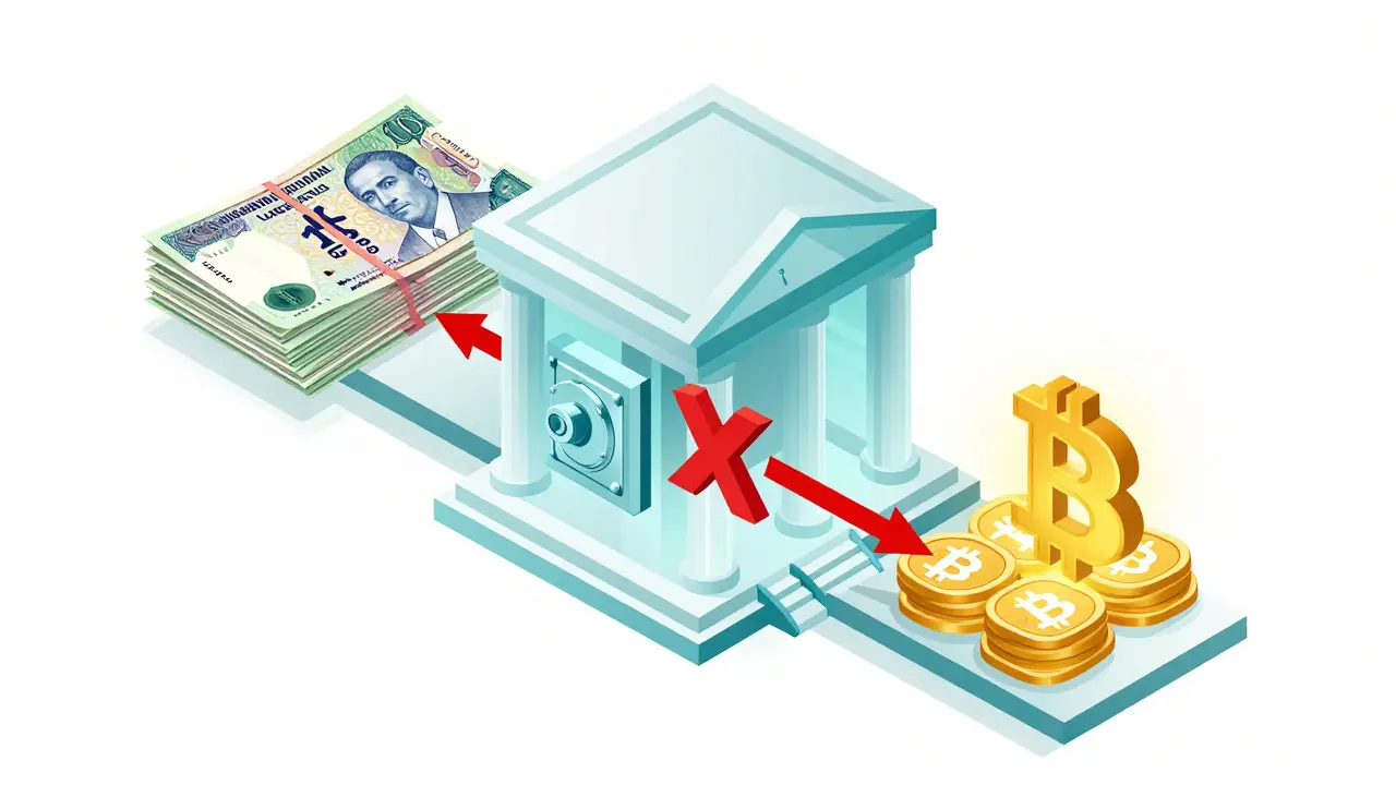 Diagram of bank roles in crypto: custody and exchange allowed, transfers restricted