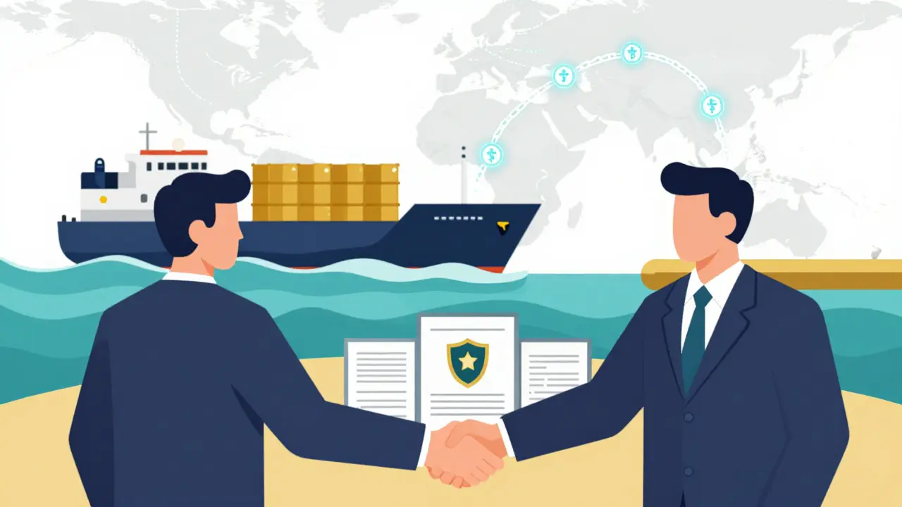 Graphic showing sanctioned companies using crypto for international trade