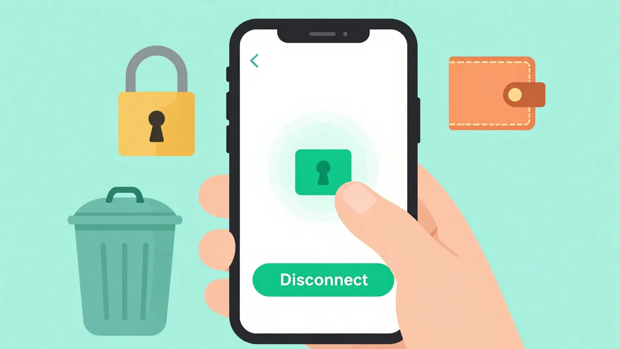 Hand pressing disconnect button on phone with security icons surrounding it.