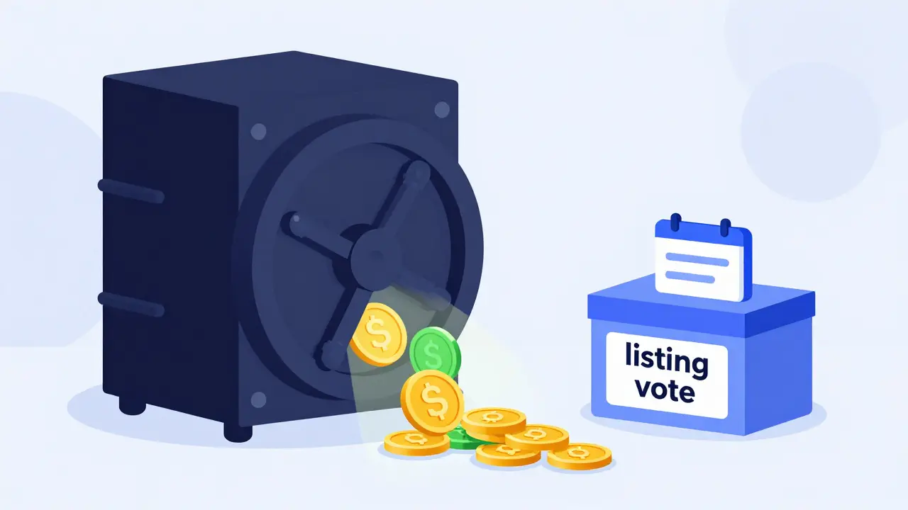 Illustration of a digital vault releasing tokens after an exchange listing vote