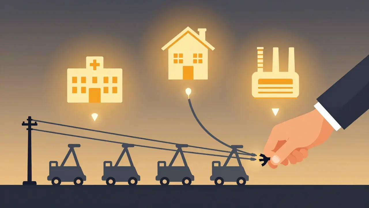Illustration of mining rigs being disconnected to prioritize hospitals and homes for power