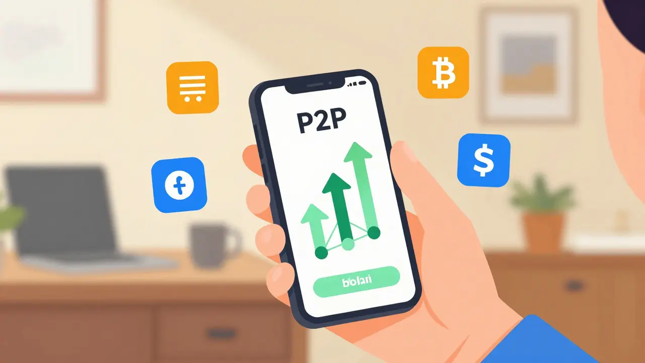 Illustration of smartphone P2P trading connecting local wallets to global crypto assets