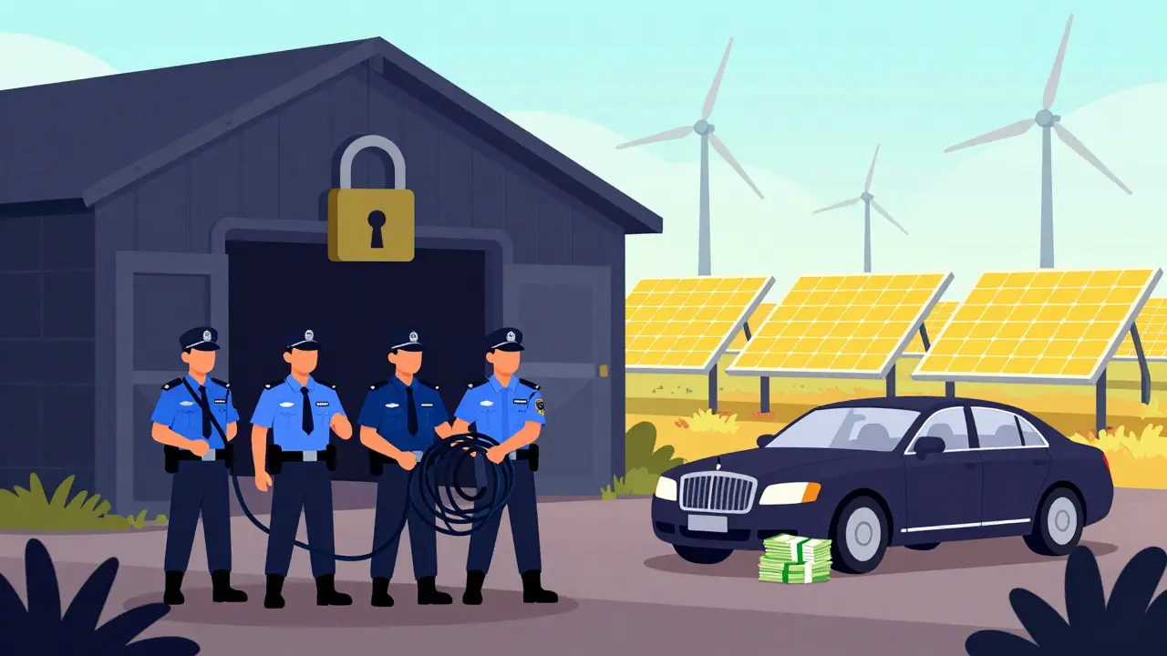 Law enforcement seizing illegal mining assets near solar panels