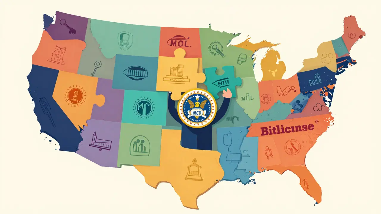 Map of US states as puzzle pieces illustrating complex licensing requirements