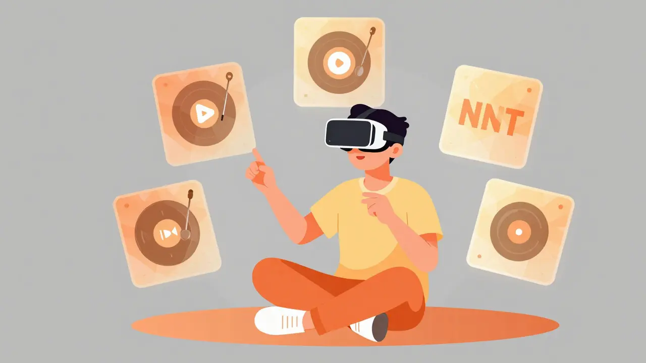 Person viewing floating digital album cards in flat illustration