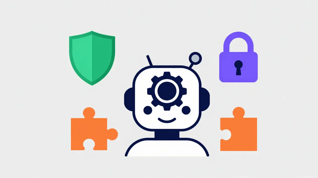 Robot head surrounded by icons for security, privacy, and learning