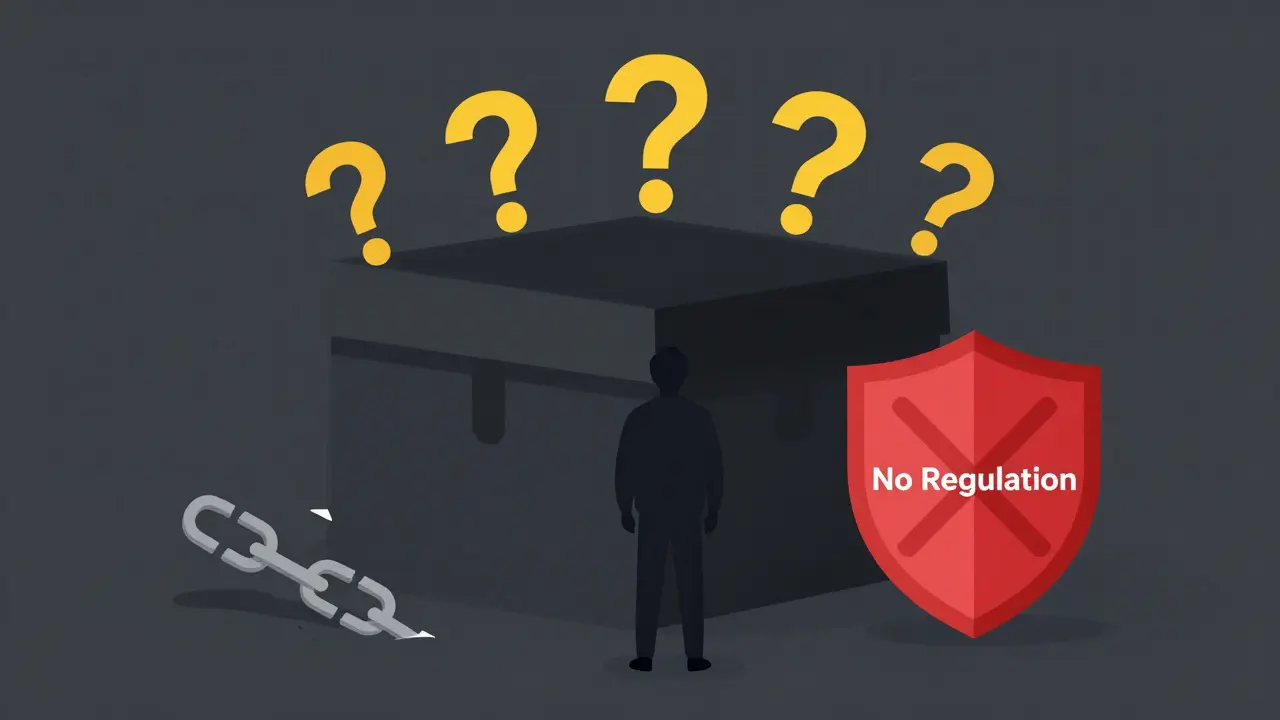 Silhouette facing a mysterious black box with warning symbols for anonymity and lack of regulation.
