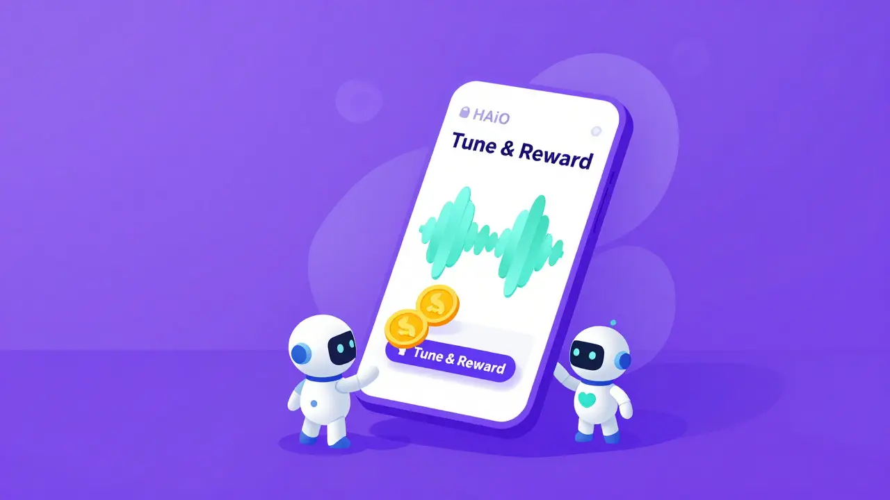 Smartphone with AI robots and tokens in a flat design style