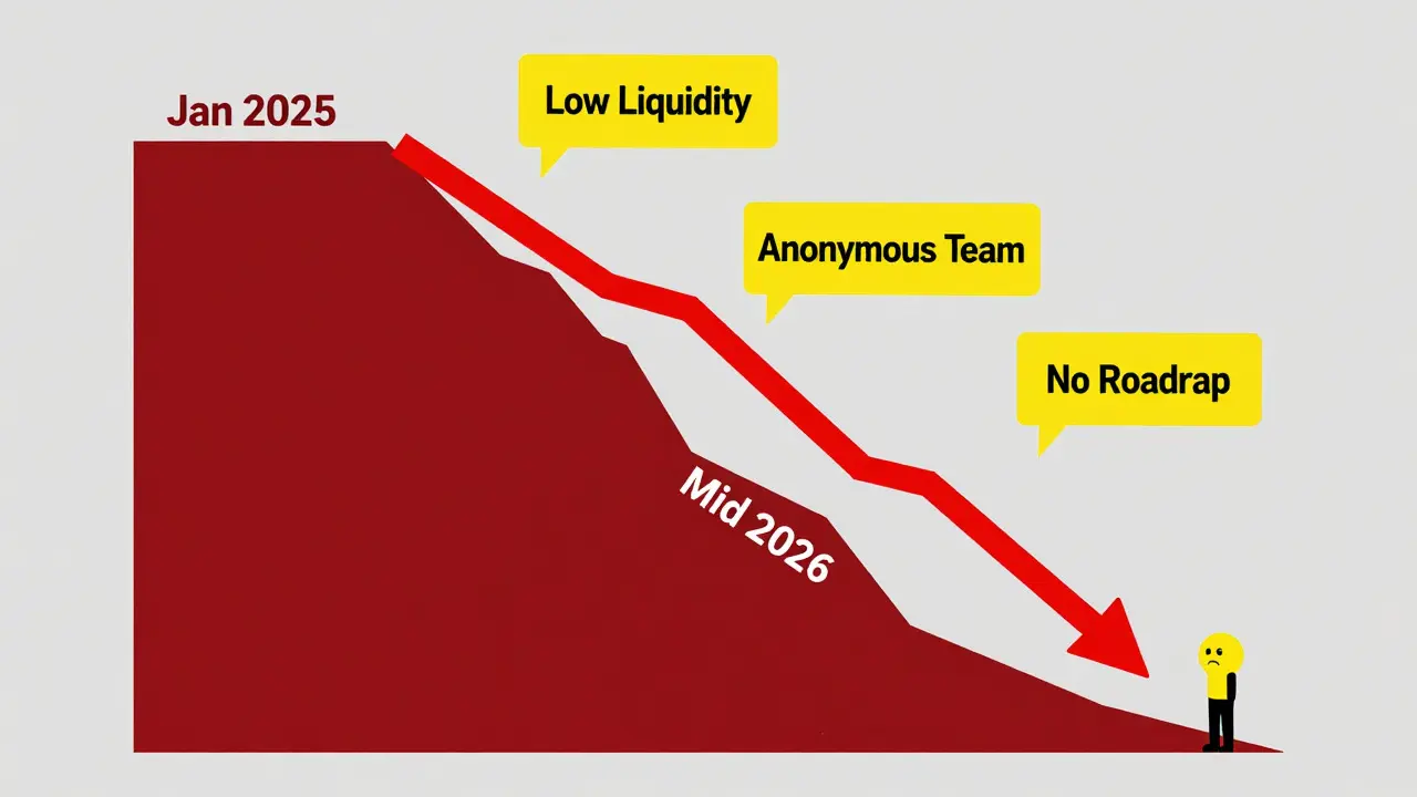 Steep price chart dropping from 2025 peak to 2026 lows with risk warnings