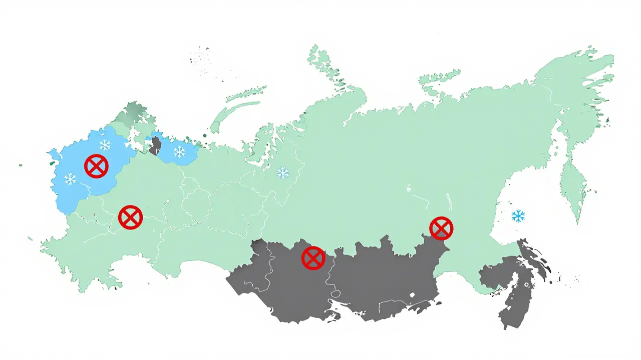 Stylized map of Russia showing regions with banned or restricted crypto mining
