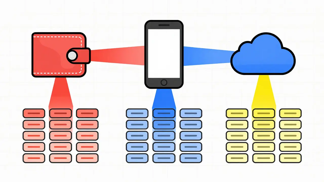 Three separate digital wallets connected to isolated data columns