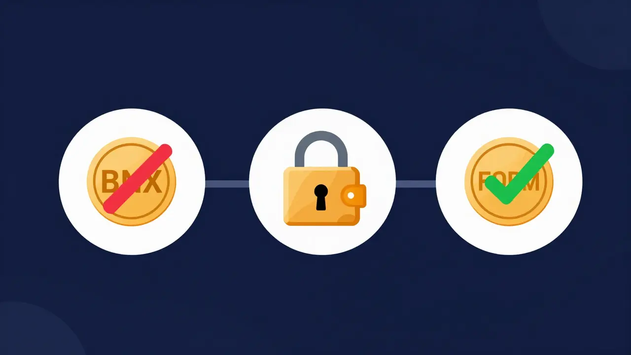 Timeline icons showing the stages of the BinaryX to Four token swap.