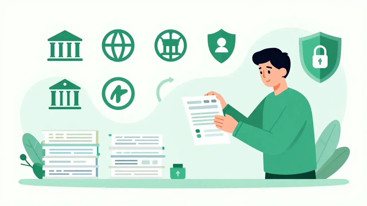 User organizing financial records and diversifying bank accounts for security