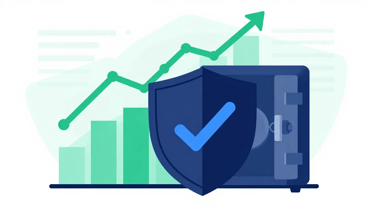 A shield and rising graph symbolizing secure and growing tokenized assets
