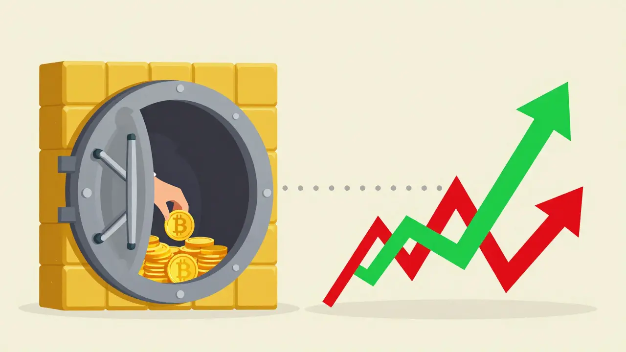 A vault accumulating Bitcoin amidst chaotic market arrows, symbolizing long-term growth.