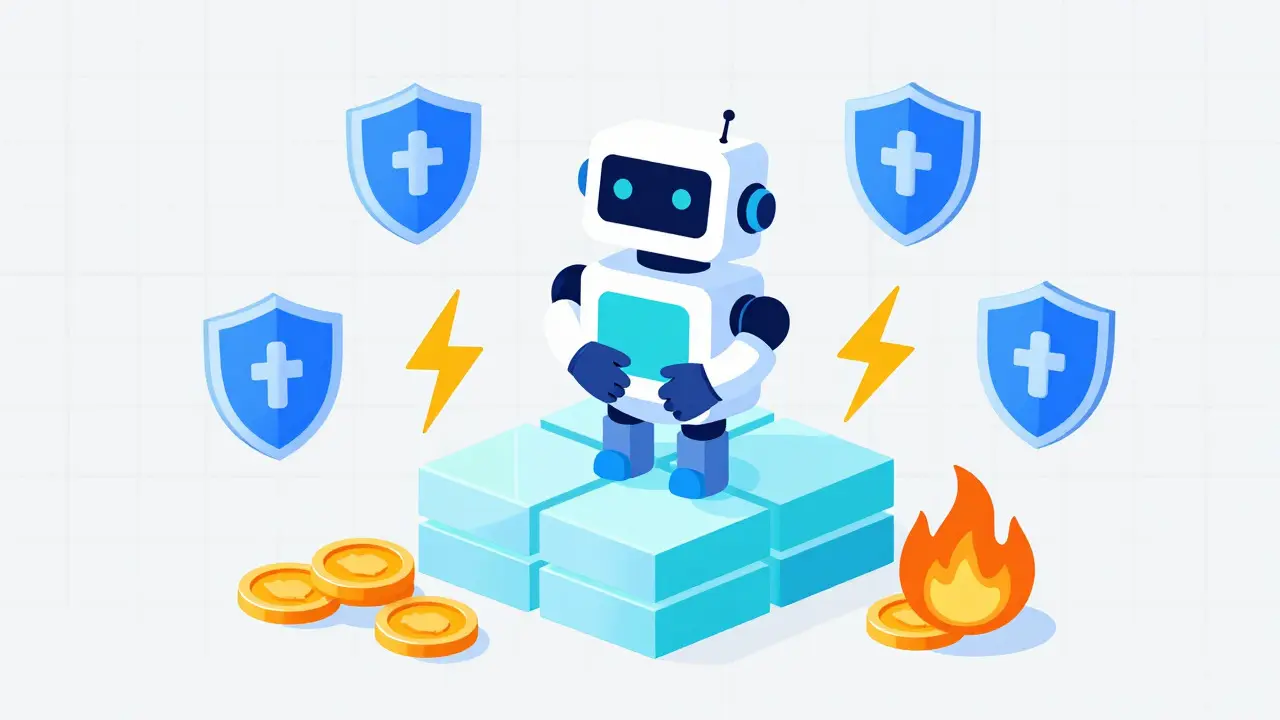 Abstract representation of blockchain security, UTXO model, and token burning