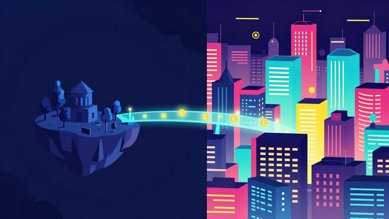 Bridge connecting isolated blockchain island to vibrant DeFi city