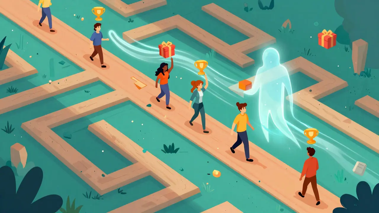 Cartoon characters completing a quest path with reward icons and a guiding light figure