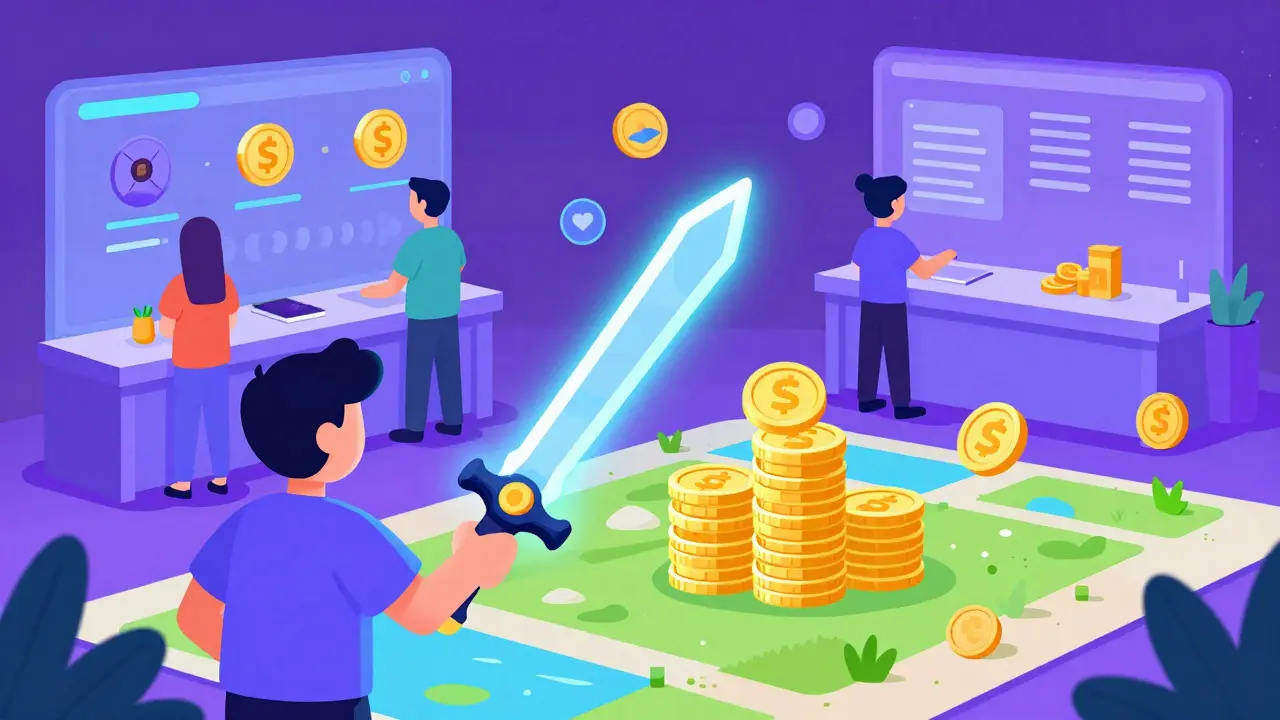 Cartoon gamer holding a sword that turns into coins, symbolizing true digital asset ownership.