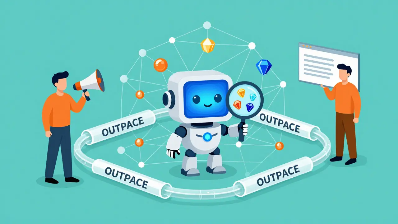 Cartoon robot AURA analyzing blockchain connections and efficient payment channels in flat style.