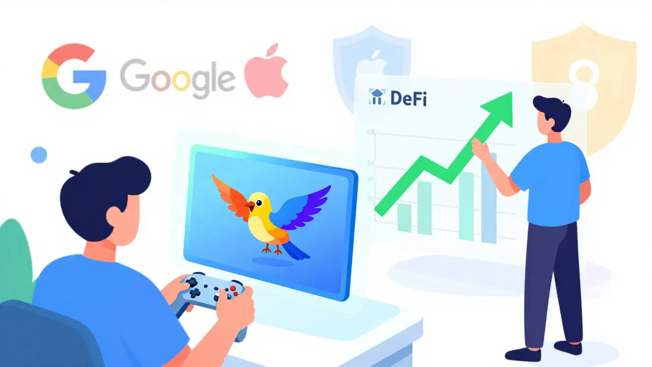 Cartoon showing gamers and traders benefiting from Sui's fast ecosystem