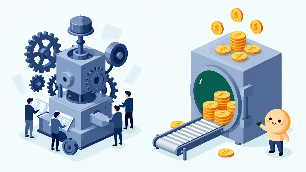 Cartoon-style comparison of complex manual trading machinery versus a simple automated yield compounding vault
