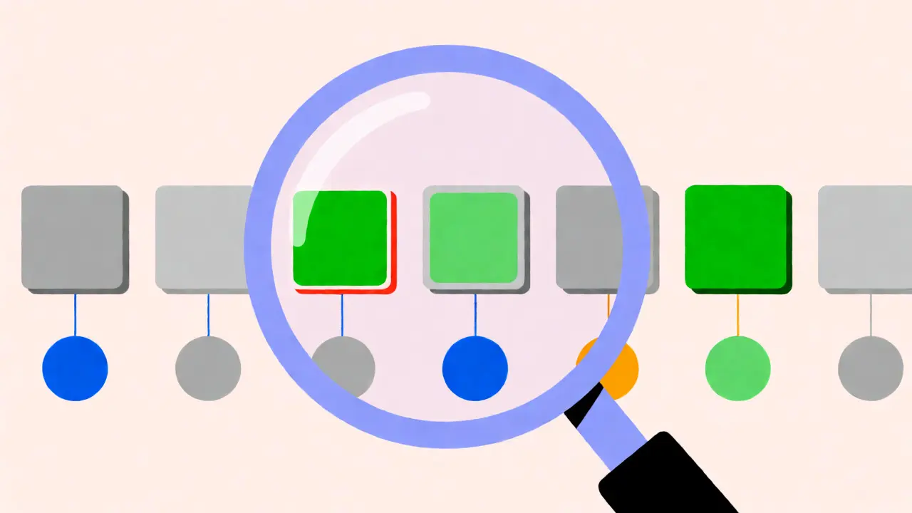 Cartoon style showing a magnifying glass highlighting eligible transaction blocks on a timeline.