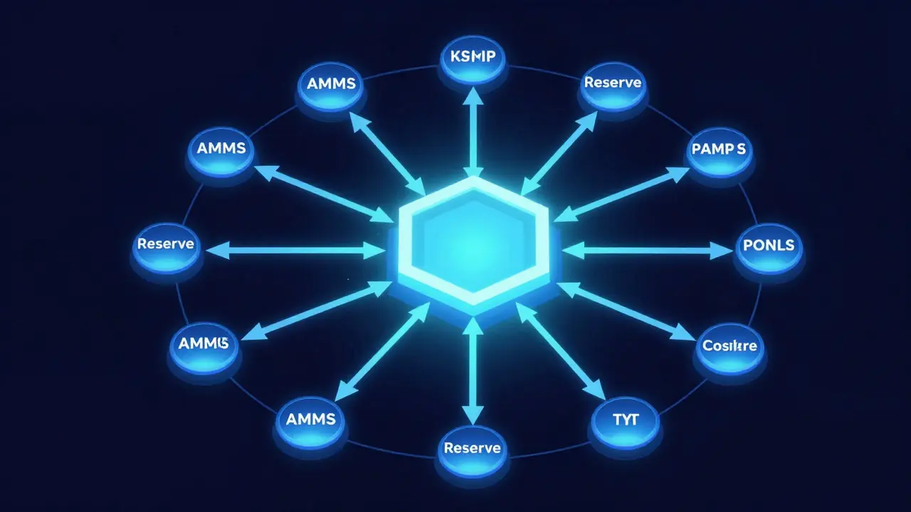 Central hub connecting multiple nodes illustrates Kyber's dynamic market maker model