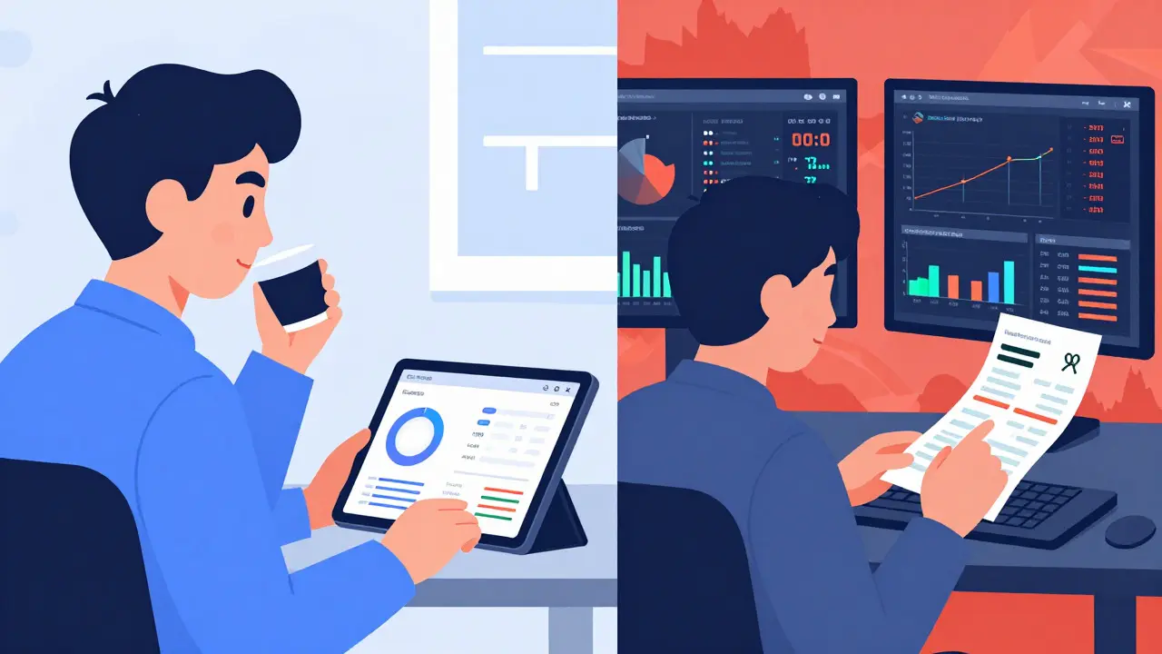 Comparison of a calm compliant trader versus an overwhelmed high-fee trader.