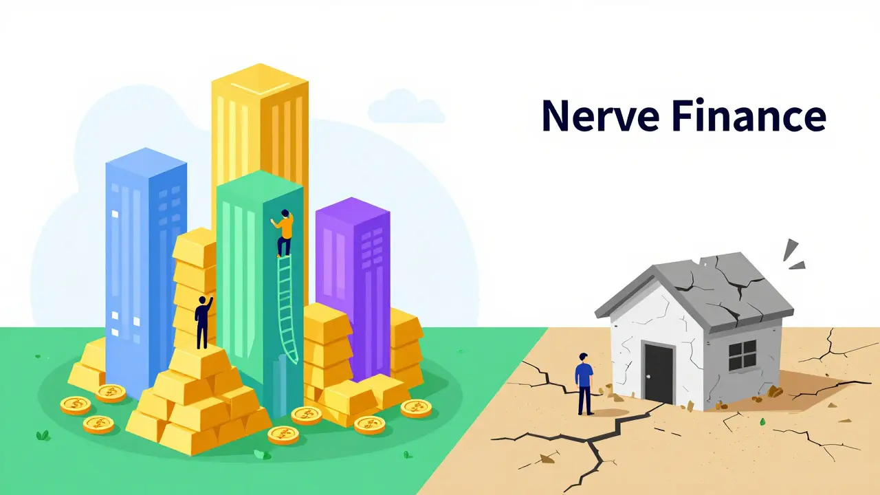 Comparison of massive active DeFi tower vs tiny crumbling Nerve Finance hut