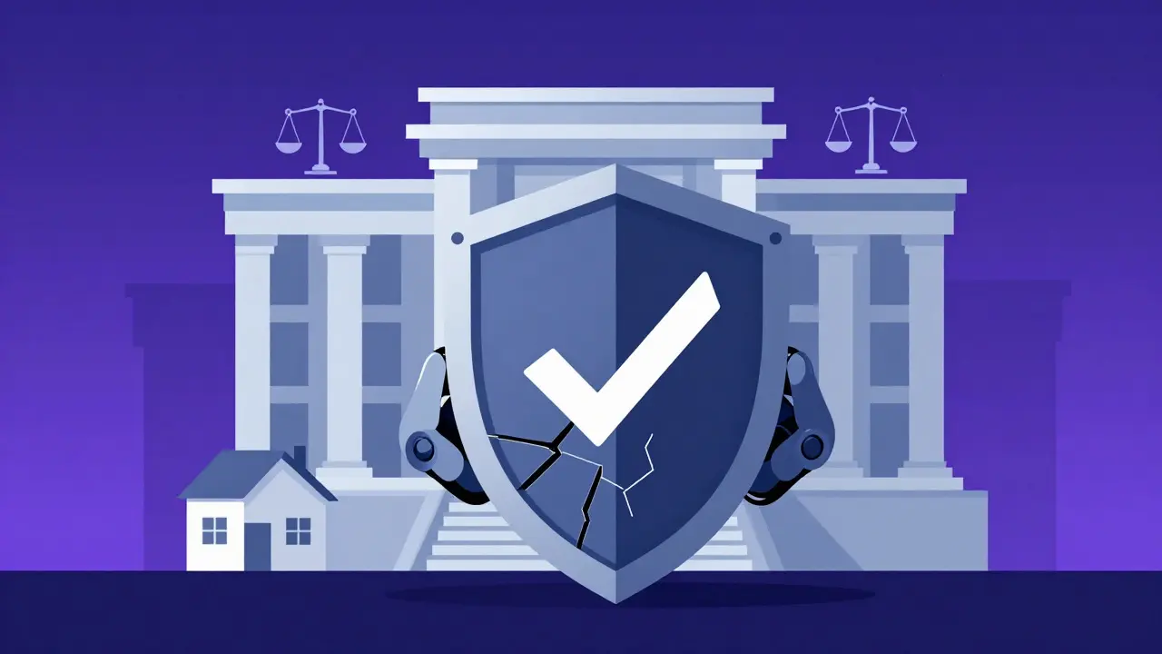 Conceptual art showing a cracked security shield under the watchful eye of regulatory buildings