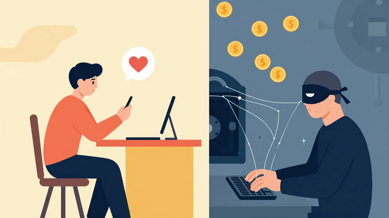 Conceptual art showing romance scammer manipulating victim via phone for crypto theft