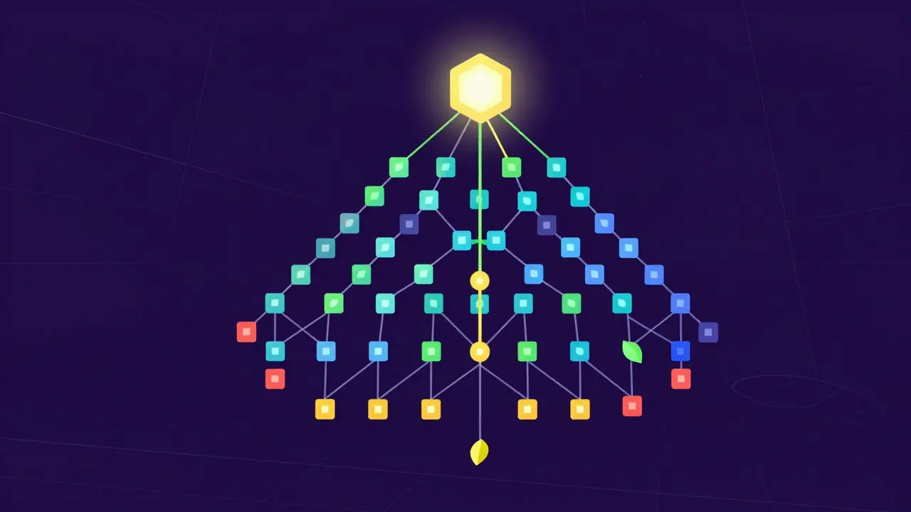 Diagram of a Merkle tree showing a verification path from a transaction to the root