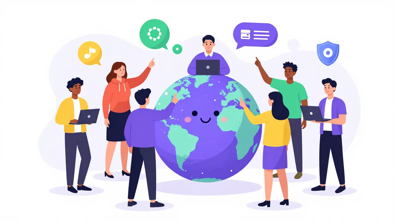 Diverse users collaborating around a decentralized global network concept